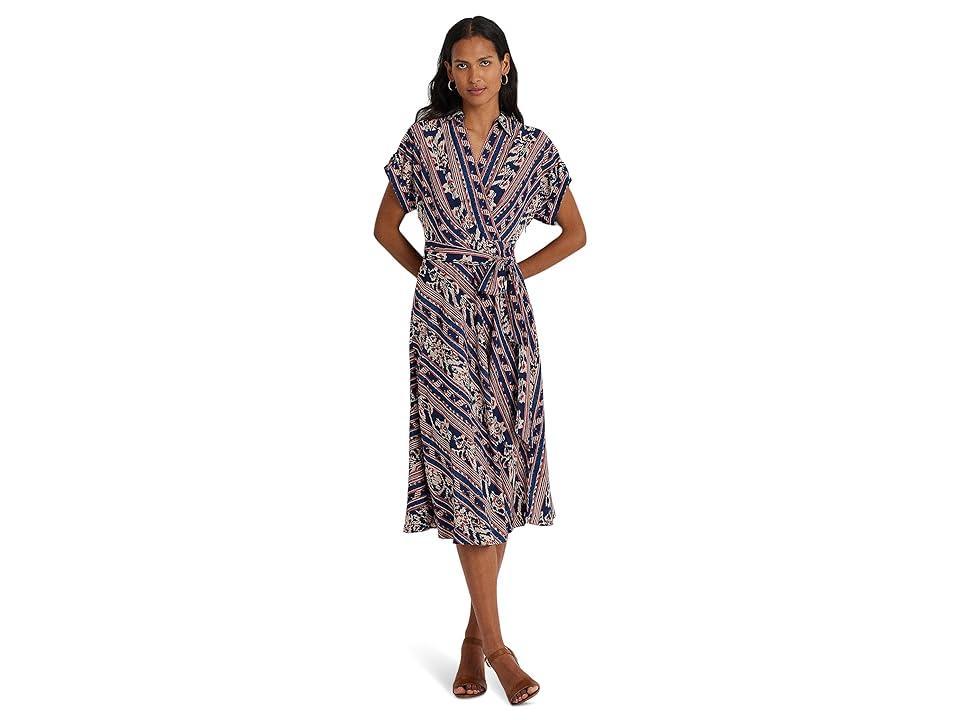 LAUREN Ralph Lauren Geo-Stripe Belted Crepe Dress (Navy Multi) Women's Dress Product Image