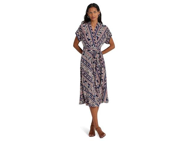 Lauren Ralph Lauren Geo-Stripe Belted Crepe Dress (Navy Multi) Women's Dress Product Image