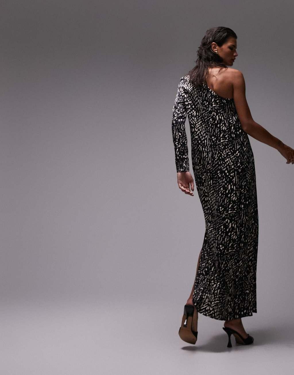 Topshop animal one sleeve maxi dress in mono Product Image