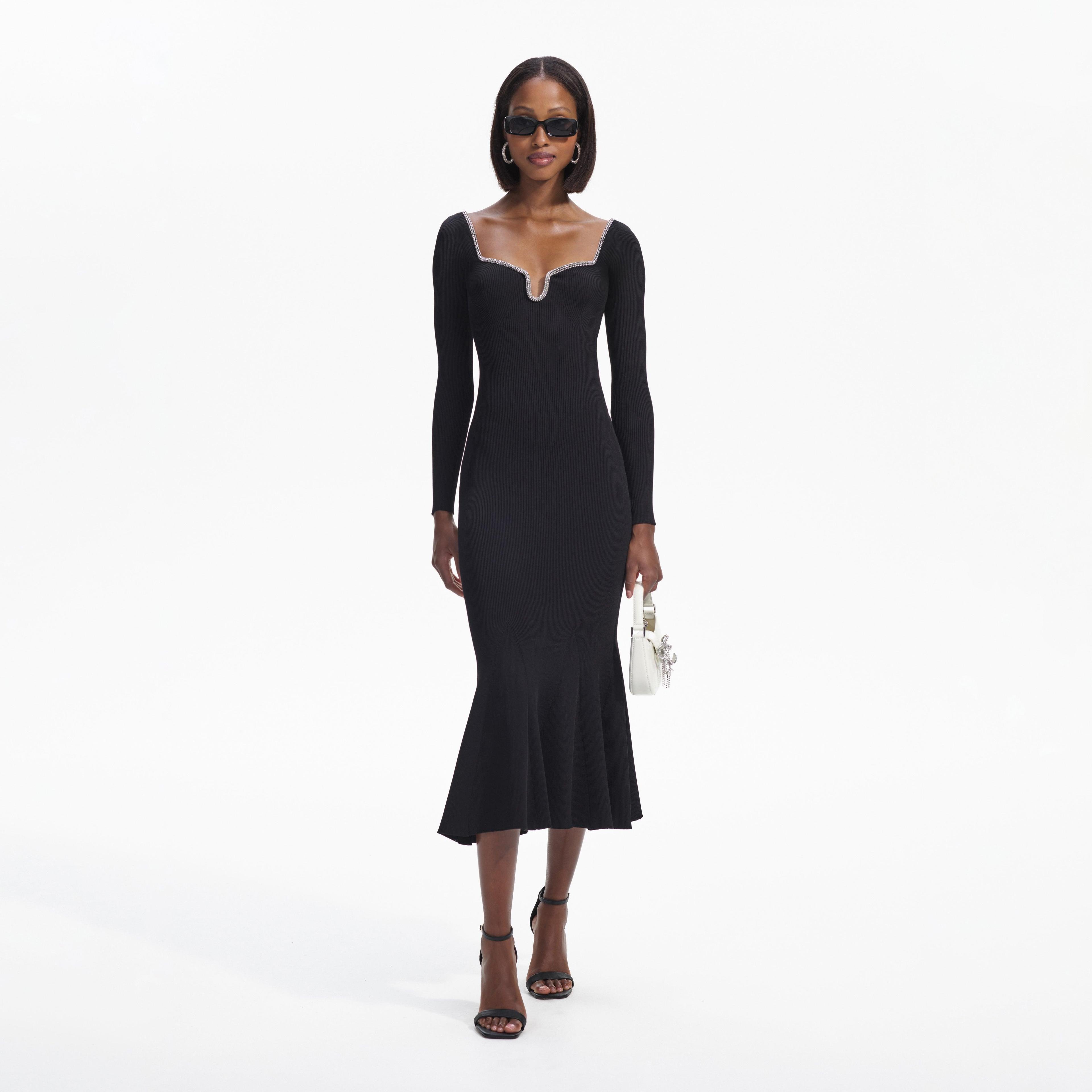 Black Knit Diamante Trim Midi Dress Product Image