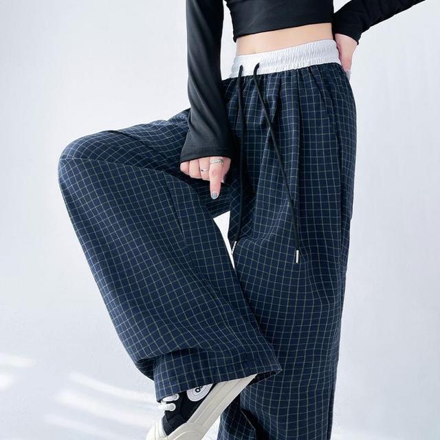 Drawstring Waist Plaid Wide Leg Pants (Various Designs) Product Image