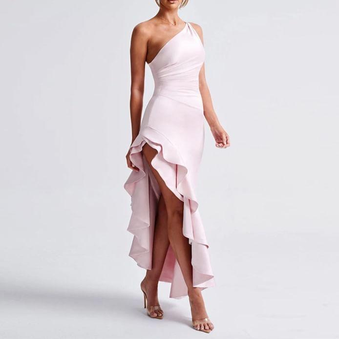 One-Shoulder Plain Ruffle Hem Midi Bodycon Dress Product Image