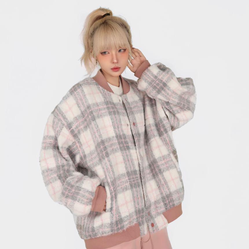 Plaid Zip-Up Bomber Jacket Product Image