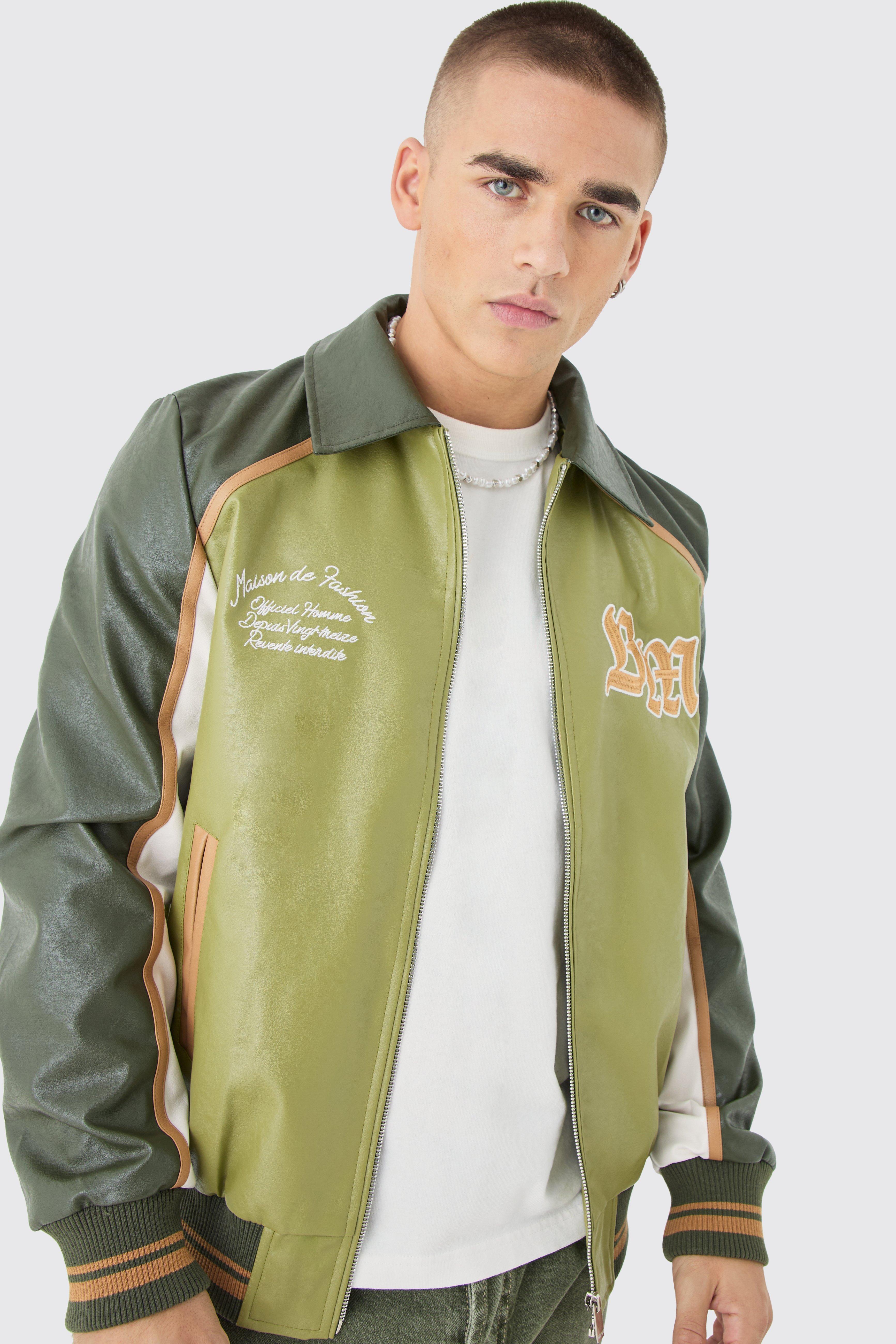 Mens Bm Badge Collared Pu Varsity Jacket In Green, Green Product Image