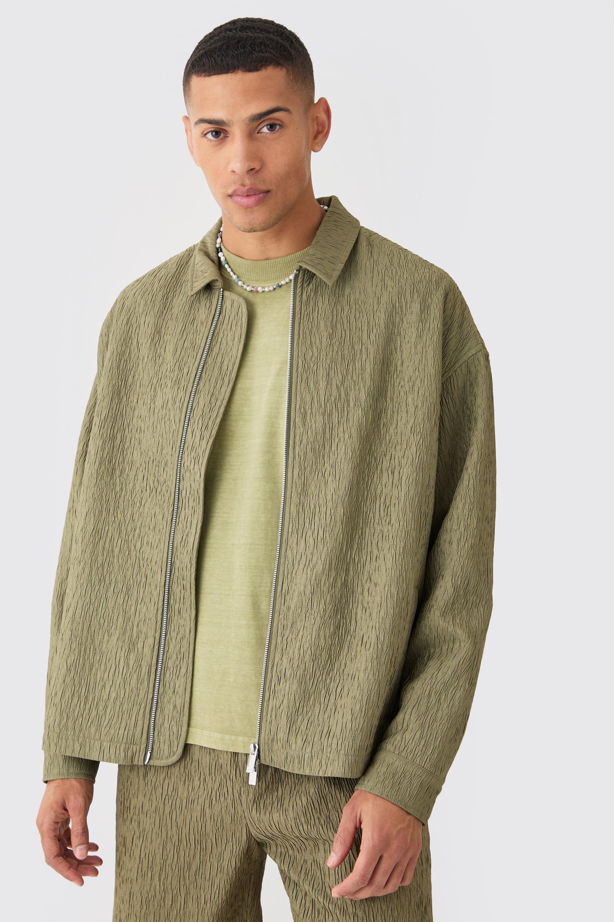 Textured Satin Oversized Fit Zip Up Harrington Jacket | boohooMAN USA Product Image