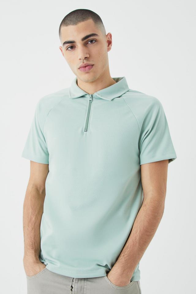 Mens Green Slim Raglan Zip Neck Interlock Polo, Green Product Image