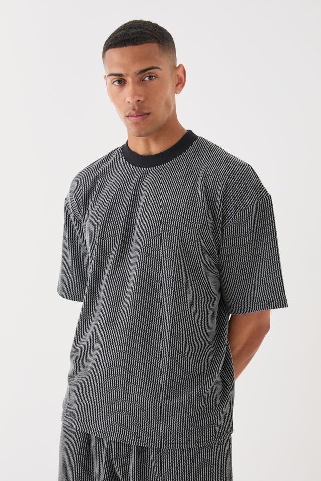 Oversized Boxy Extended Neck Stripe Texture T-shirt | boohooMAN USA Product Image