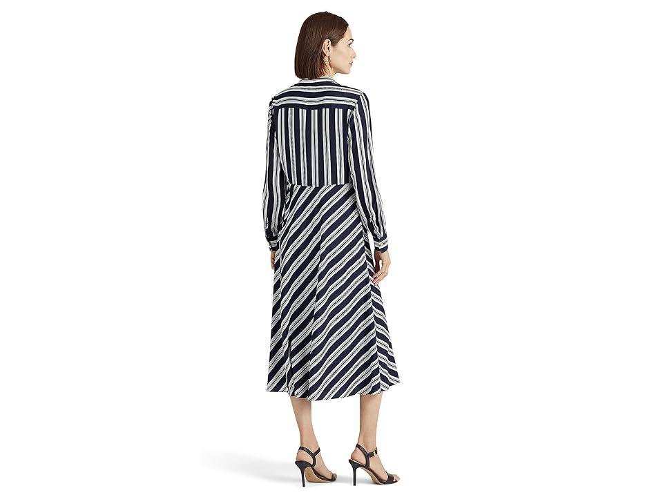 LAUREN Ralph Lauren Petite Striped Tie Front Crepe Midi Dress (Navy/White) Women's Dress Product Image