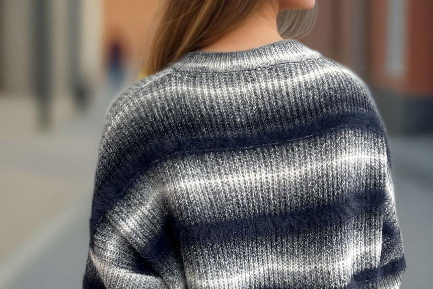 Crew Neck Striped Fluffy Trim Sweater Product Image