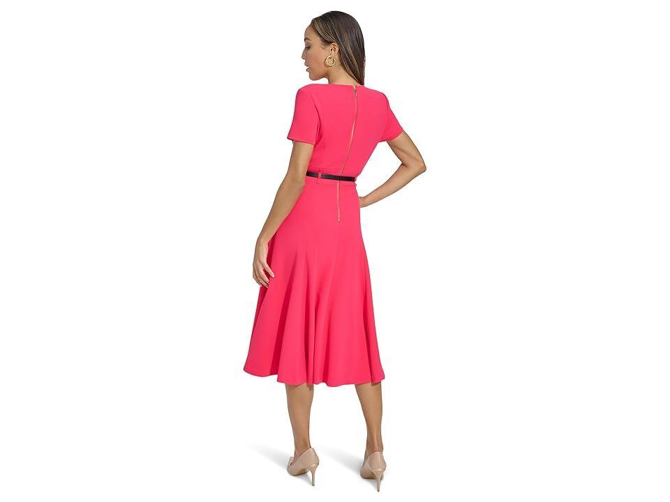 Calvin Klein Short Sleeve A-Line Midi Dress with Belt (Lipstick) Women's Dress Product Image