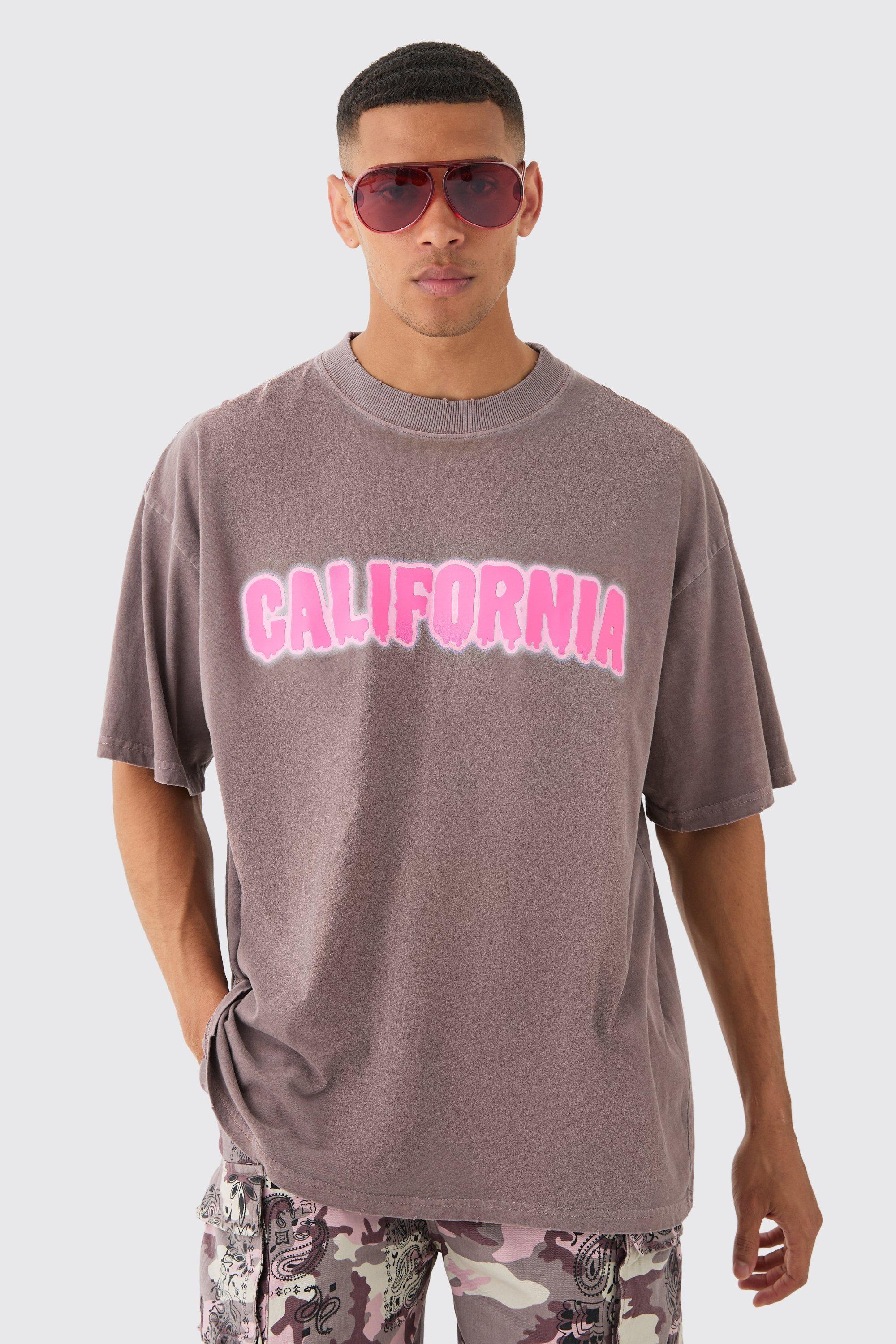 Mens Brown Oversized Extended Neck Acid Wash Distressed California Print T-shirt, Brown Product Image