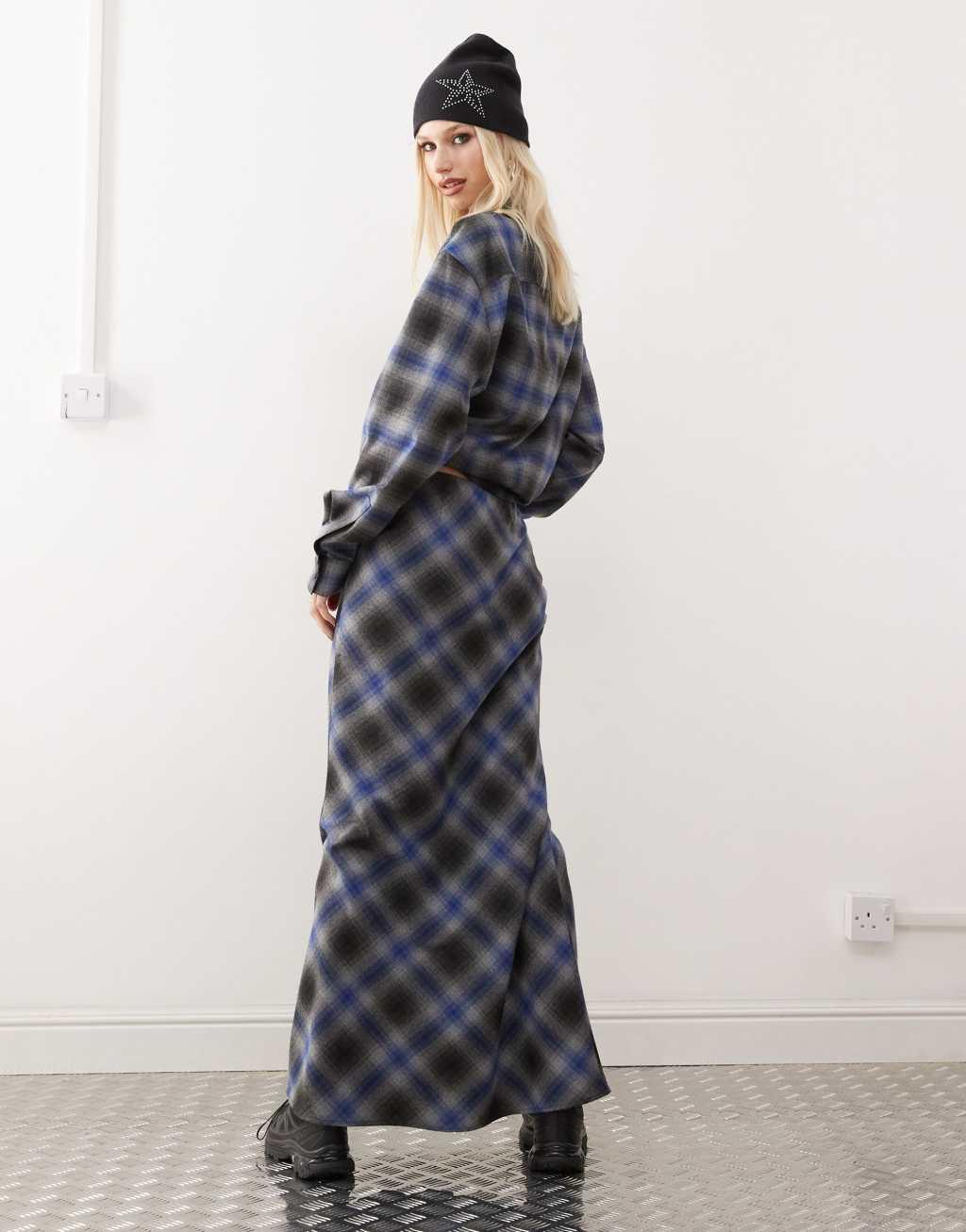 COLLUSION slip maxi skirt in gray and blue check Product Image