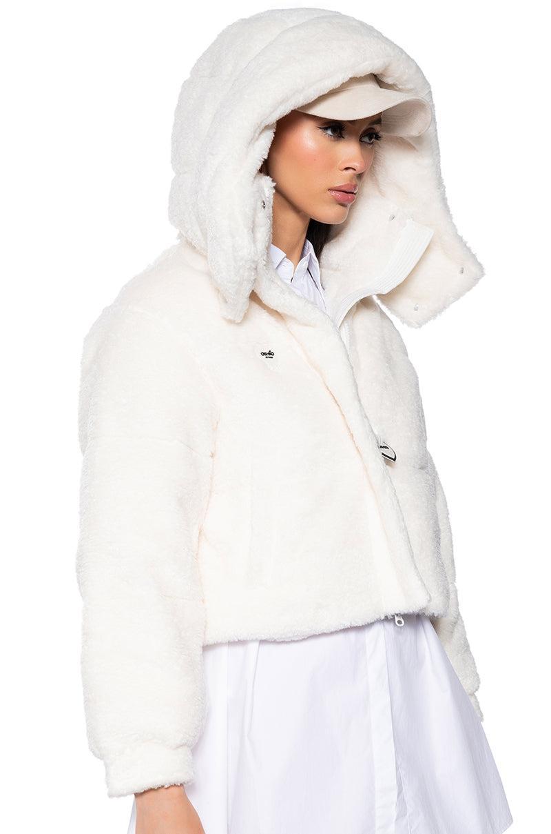 MARDIE FUZZY BEIGE HOODED PUFFER Product Image