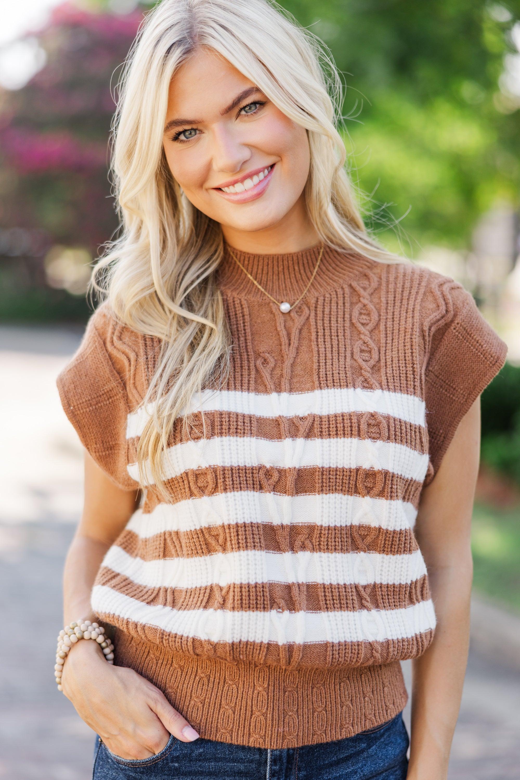 Get It Going Camel Brown Striped Cable Knit Sweater Top Female product image