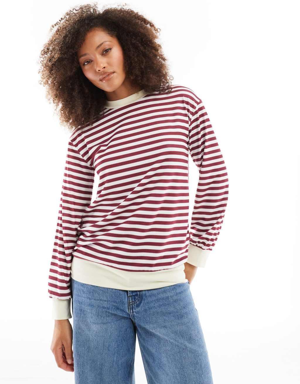 ASOS DESIGN long sleeve striped top with contrast cuffs and neckband in burgundy Product Image