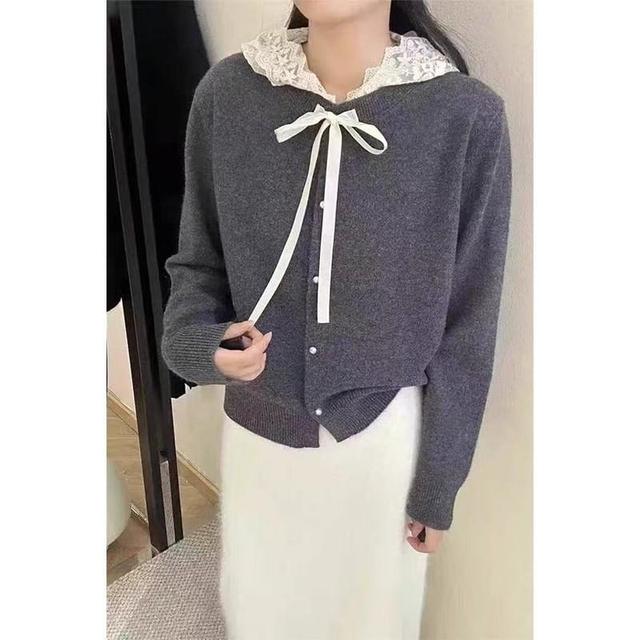 Plain Hooded Bow Lace Trim Cardigan Product Image