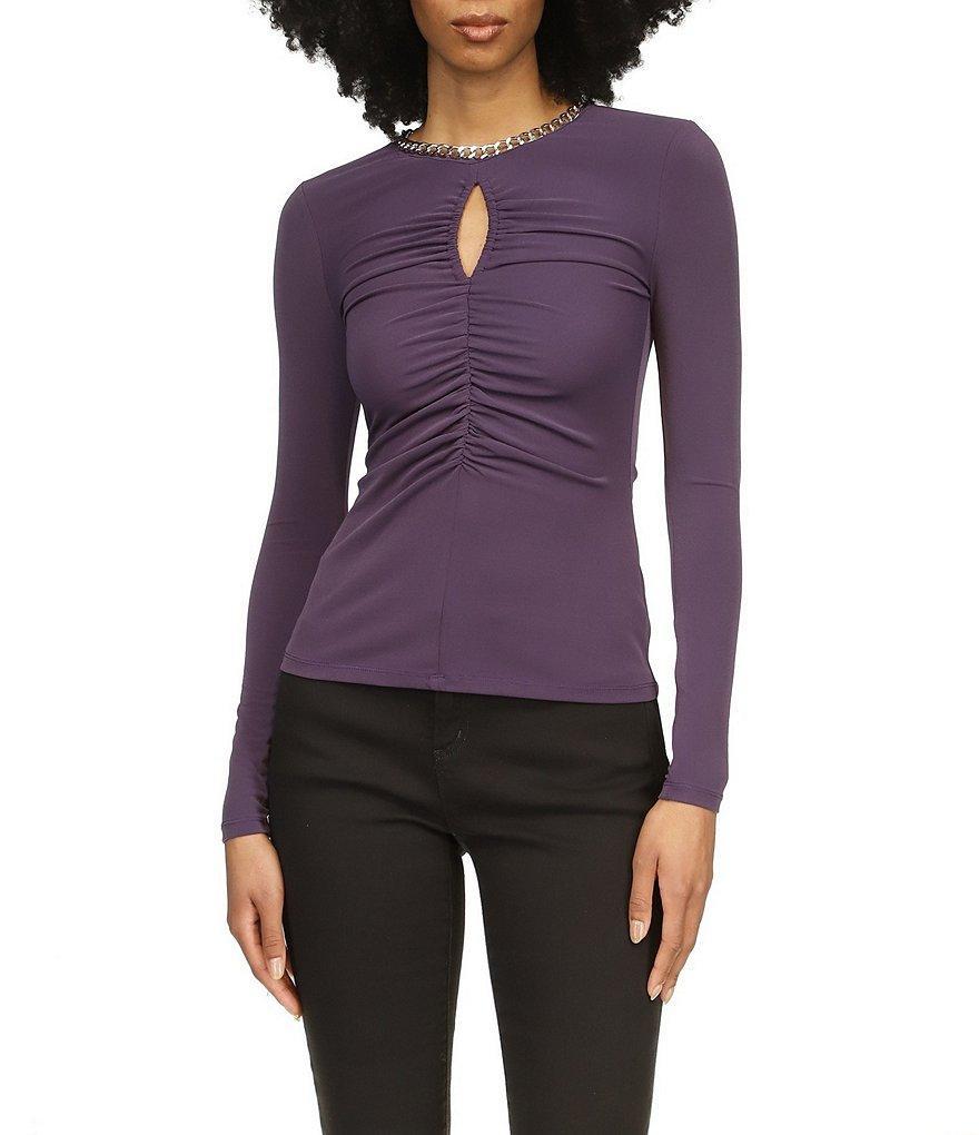 Michael Kors Keyhole Chain Neck Long Sleeve Ruched Top Product Image