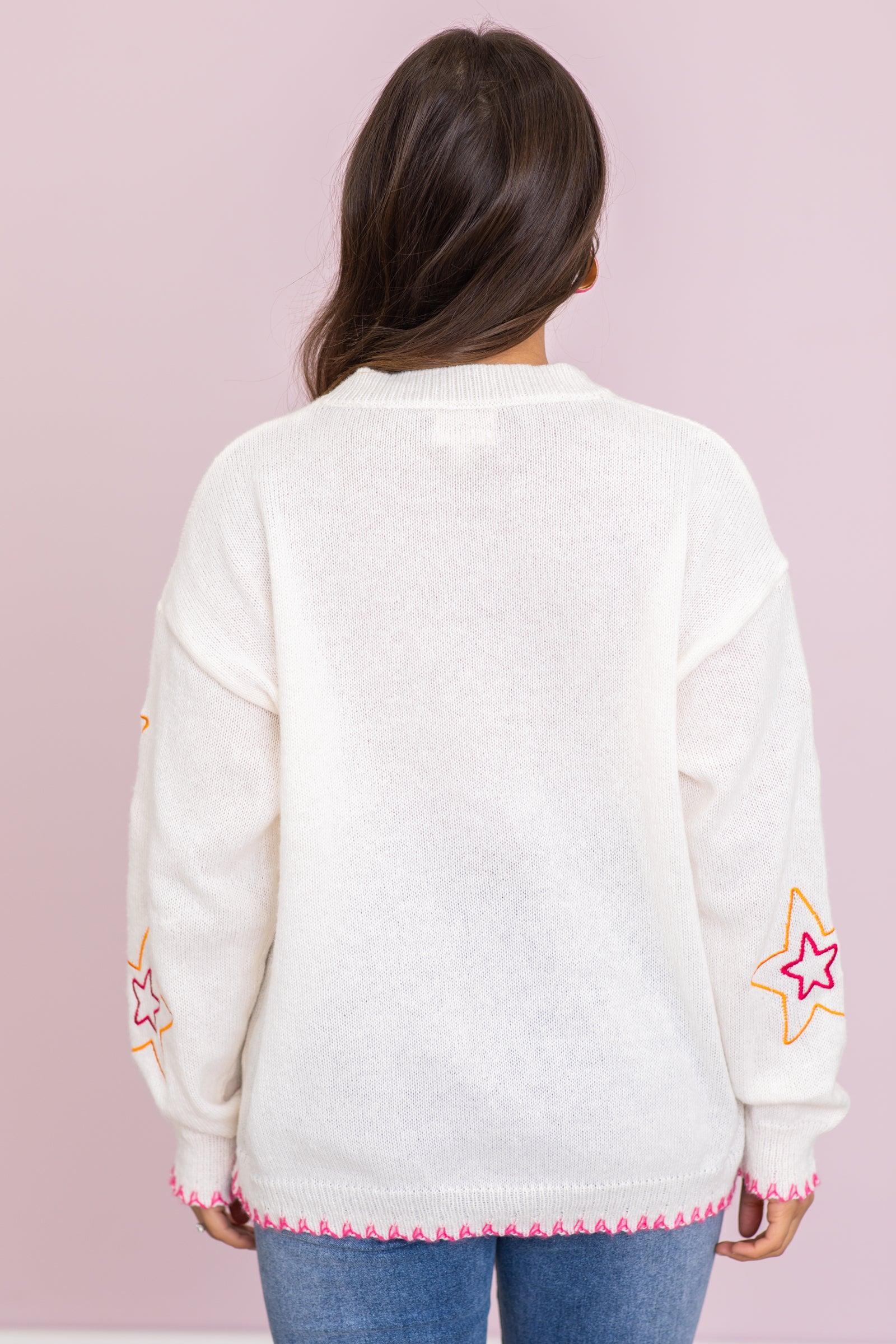 Ivory Sweater With Neon Star Embroidery Product Image