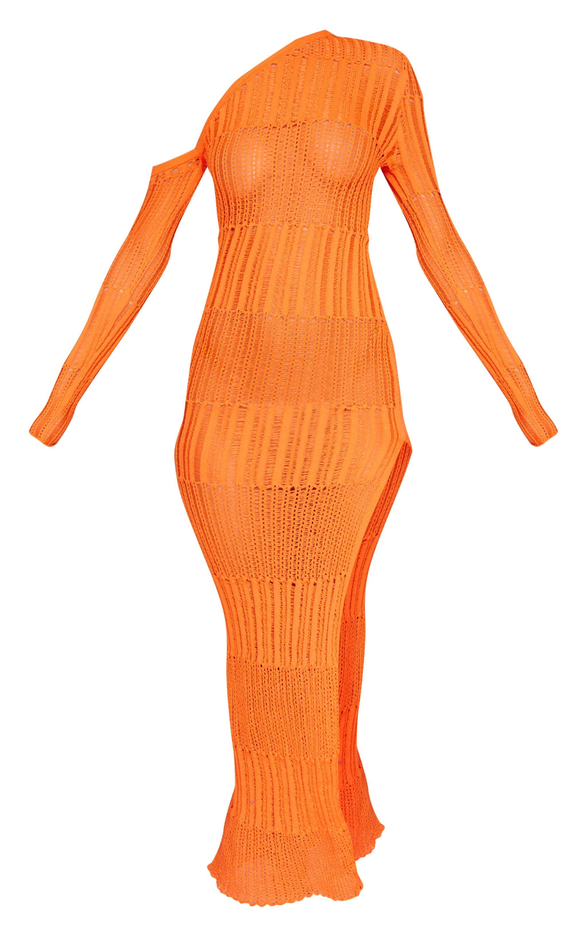 Orange Ladder Knit One Shoulder Maxi Dress Product Image