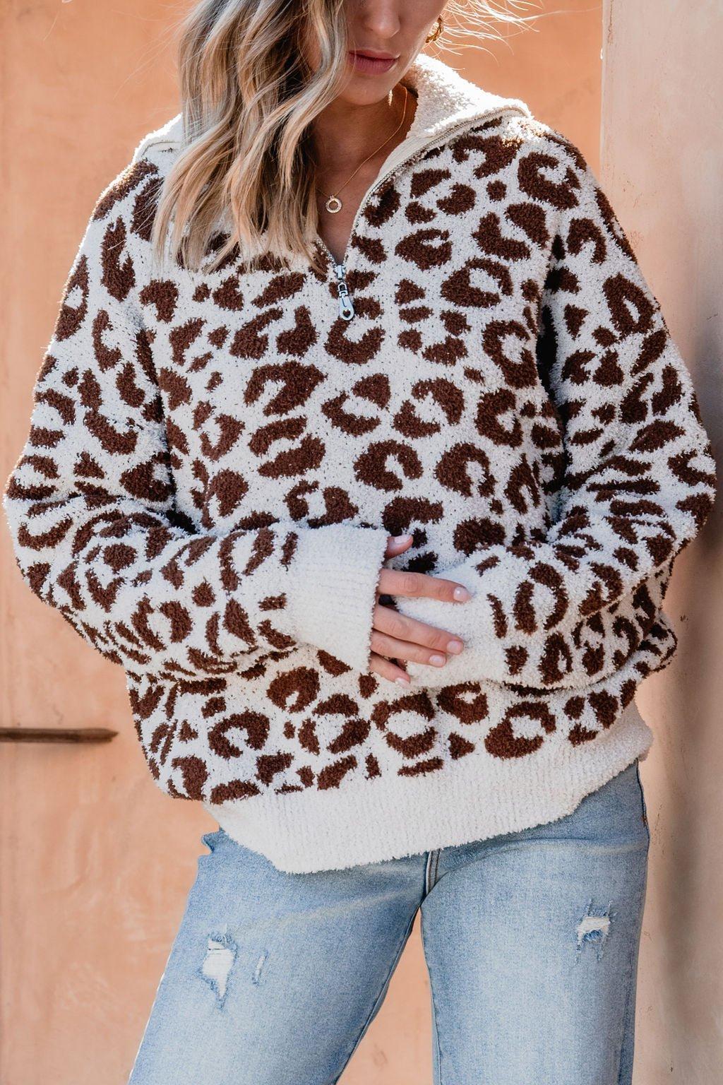 Fuzzy Tan Leopard Print Zip Up Sweater - FINAL SALE Product Image