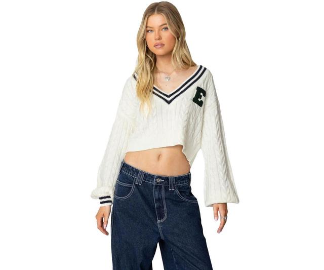 Edikted Womens Collegiate Cropped Cable Knit Sweater Product Image