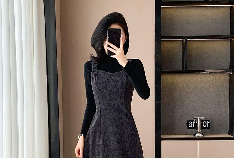 Set: Long-Sleeve Mock Neck Plain Tee + Midi A-Line Overall Dress Product Image