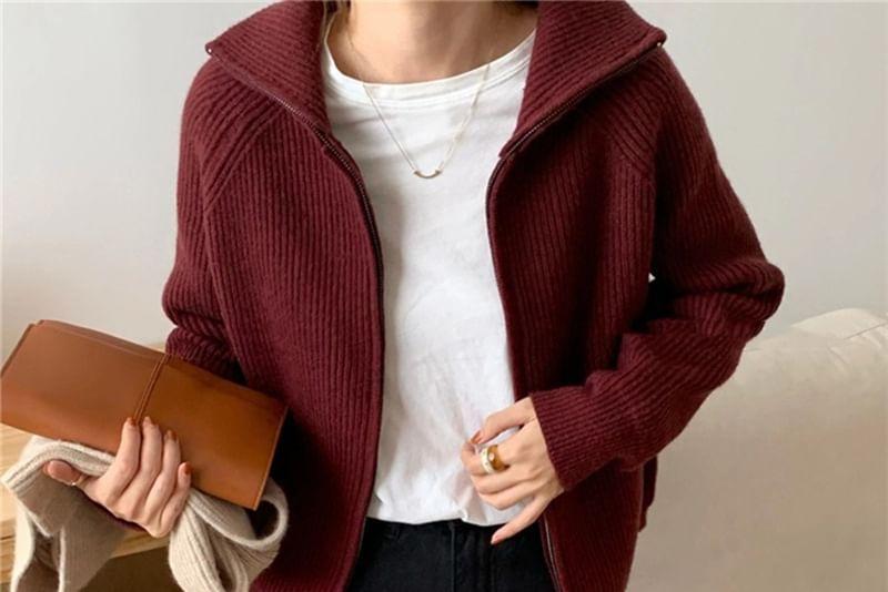 Plain Ribbed Zip Cardigan Product Image