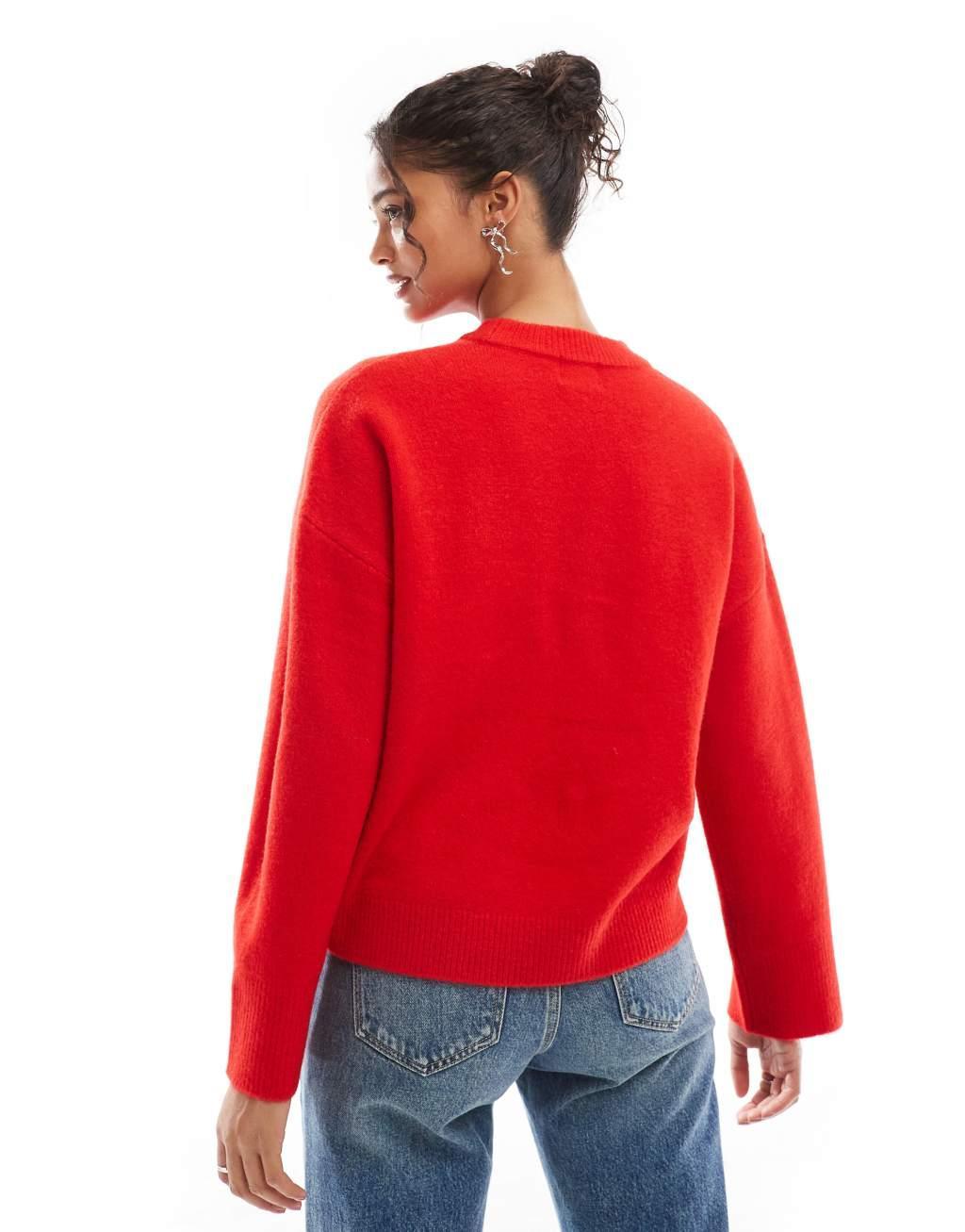 ASOS DESIGN crew neck boxy bow sweater in red Product Image