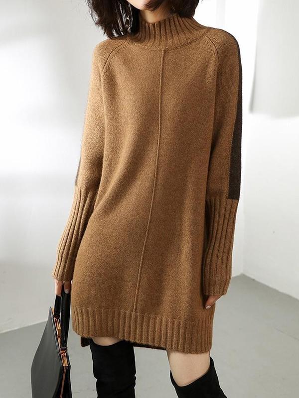 Loose Long Sleeves Contrast Color Half Turtleneck Sweater Dresses Product Image