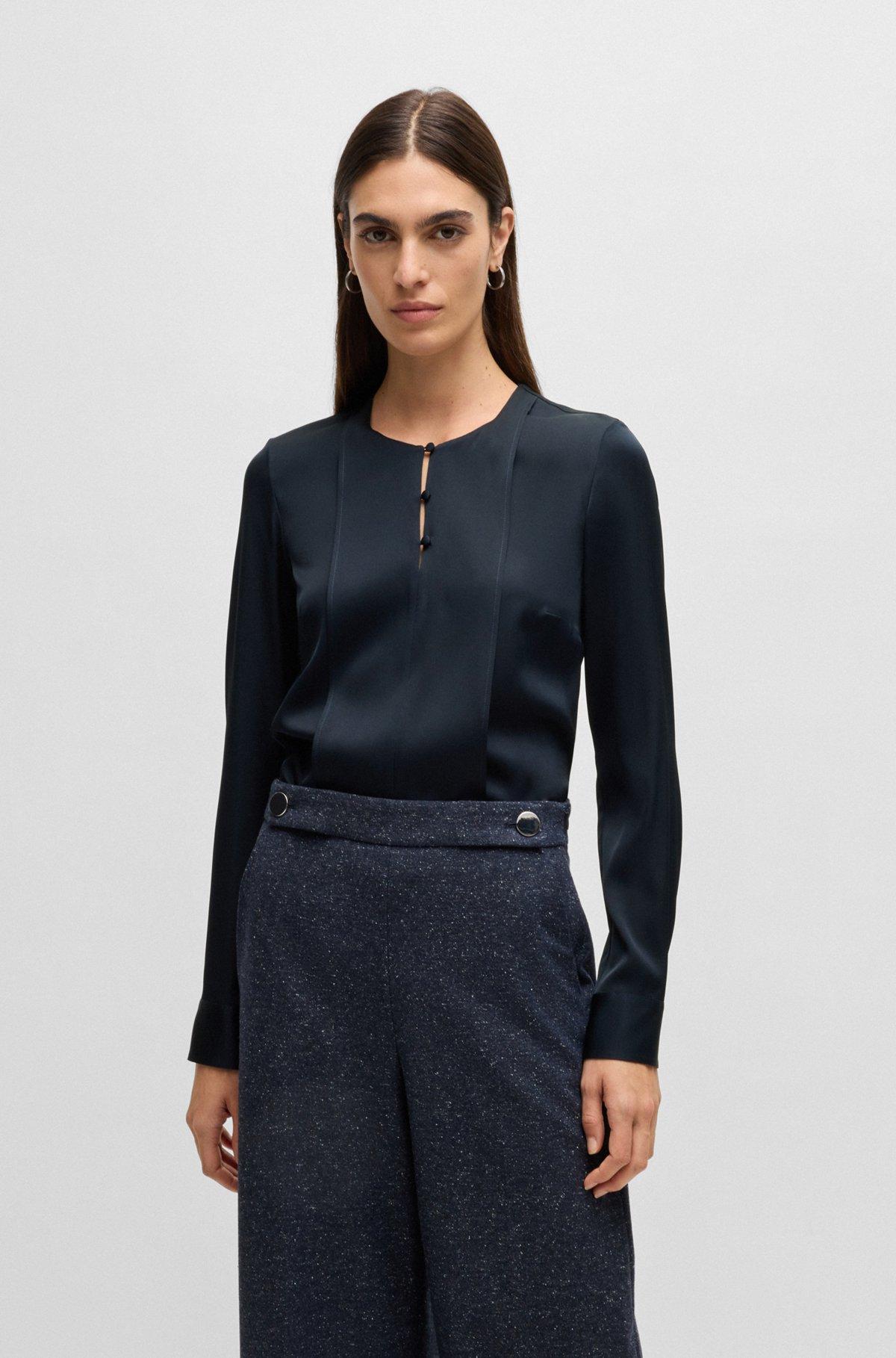 Button-neck blouse in stretch-silk crepe de chine Product Image