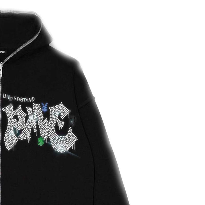 Rhinestone Zip-Up Hoodie Product Image