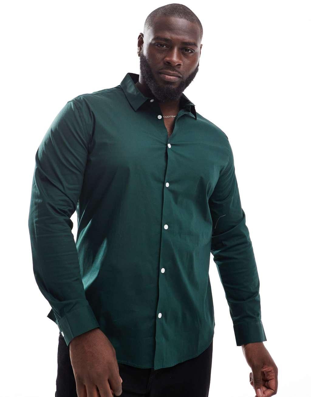 ASOS DESIGN skinny poplin shirt in dark green Product Image