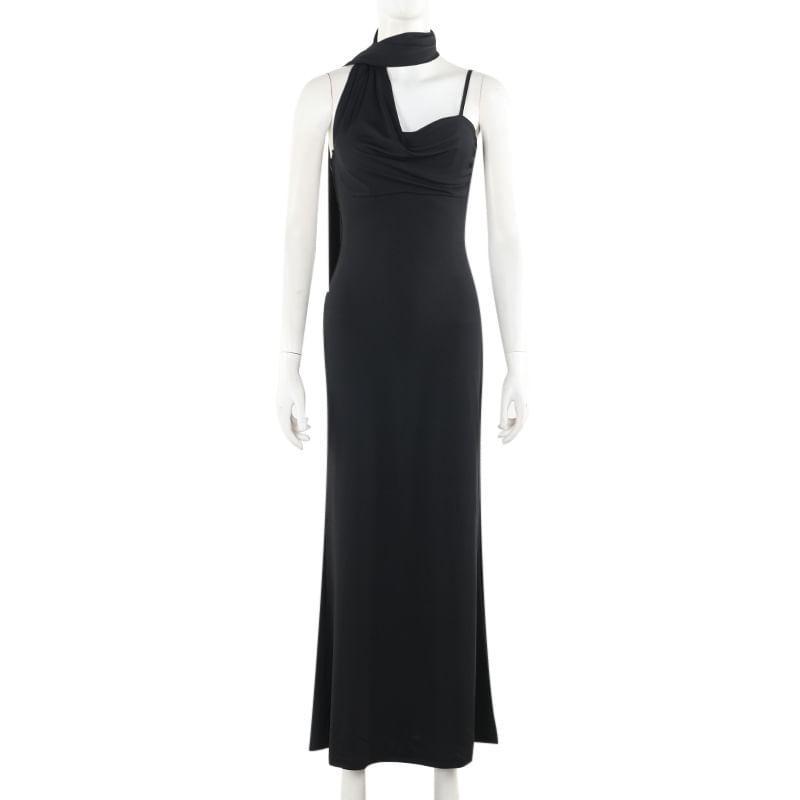 Spaghetti Strap V-Neck Plain Maxi Bodycon Dress Product Image