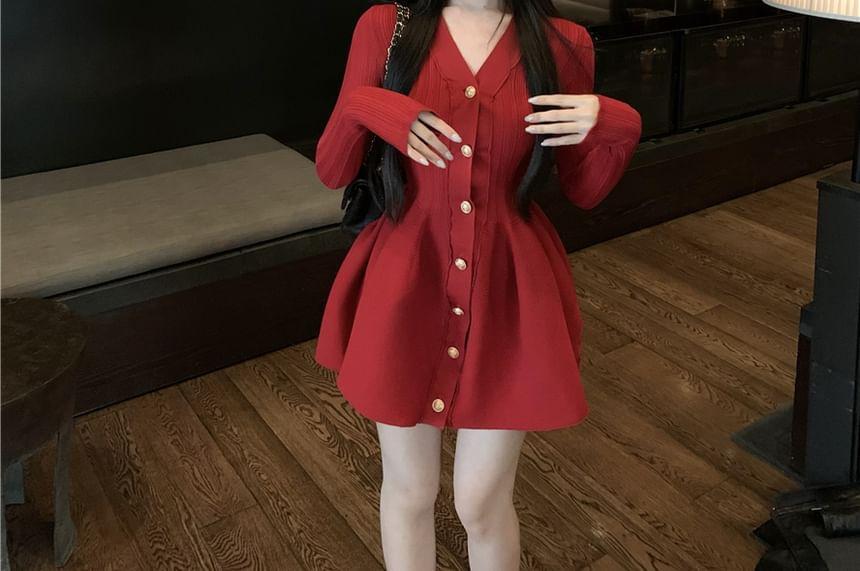 Long-Sleeve V-Neck Plain Button-Up Mini A-Line Knit Dress Product Image