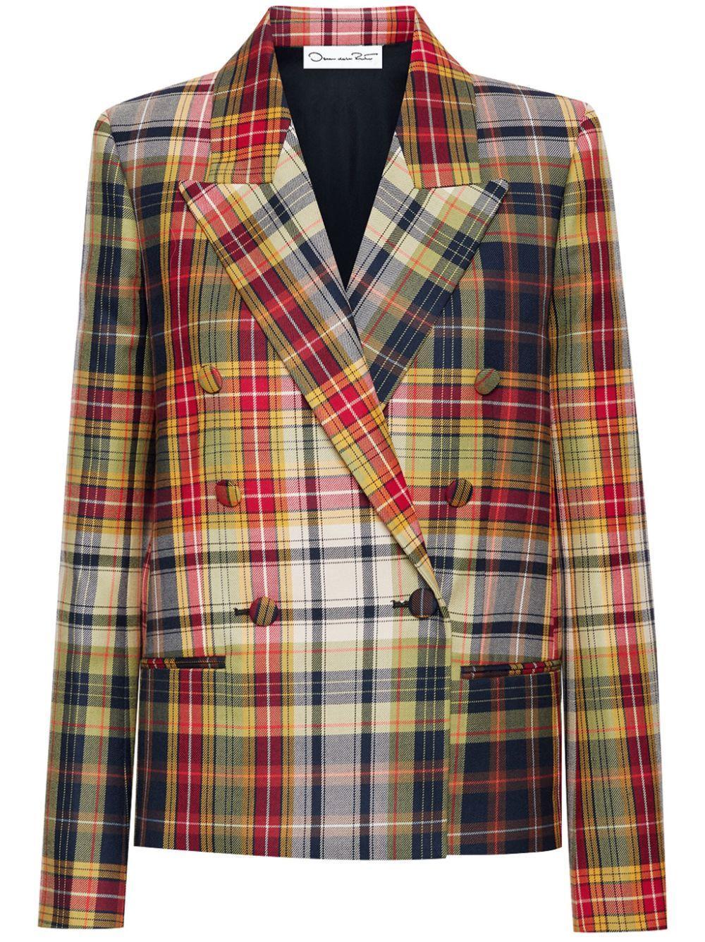 OSCAR DE LA RENTA Double Breasted Plaid Jacket In Navy Multi Product Image