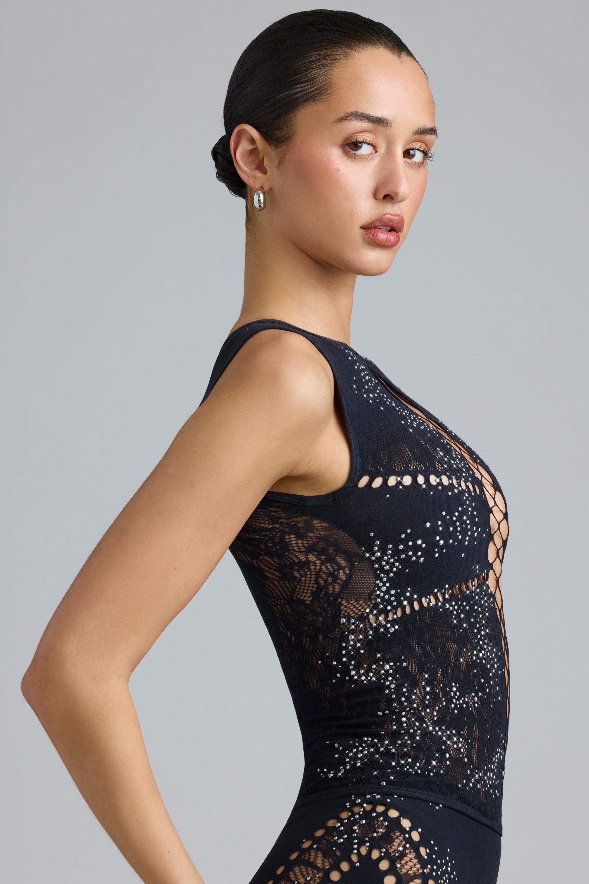 Embellished Lace-Up High-Neck Top in Black Female Product Image