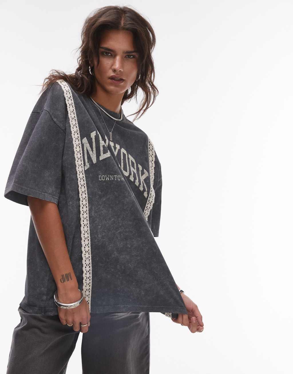 Topshop graphic New York lace trim oversized tee in dark gray Product Image