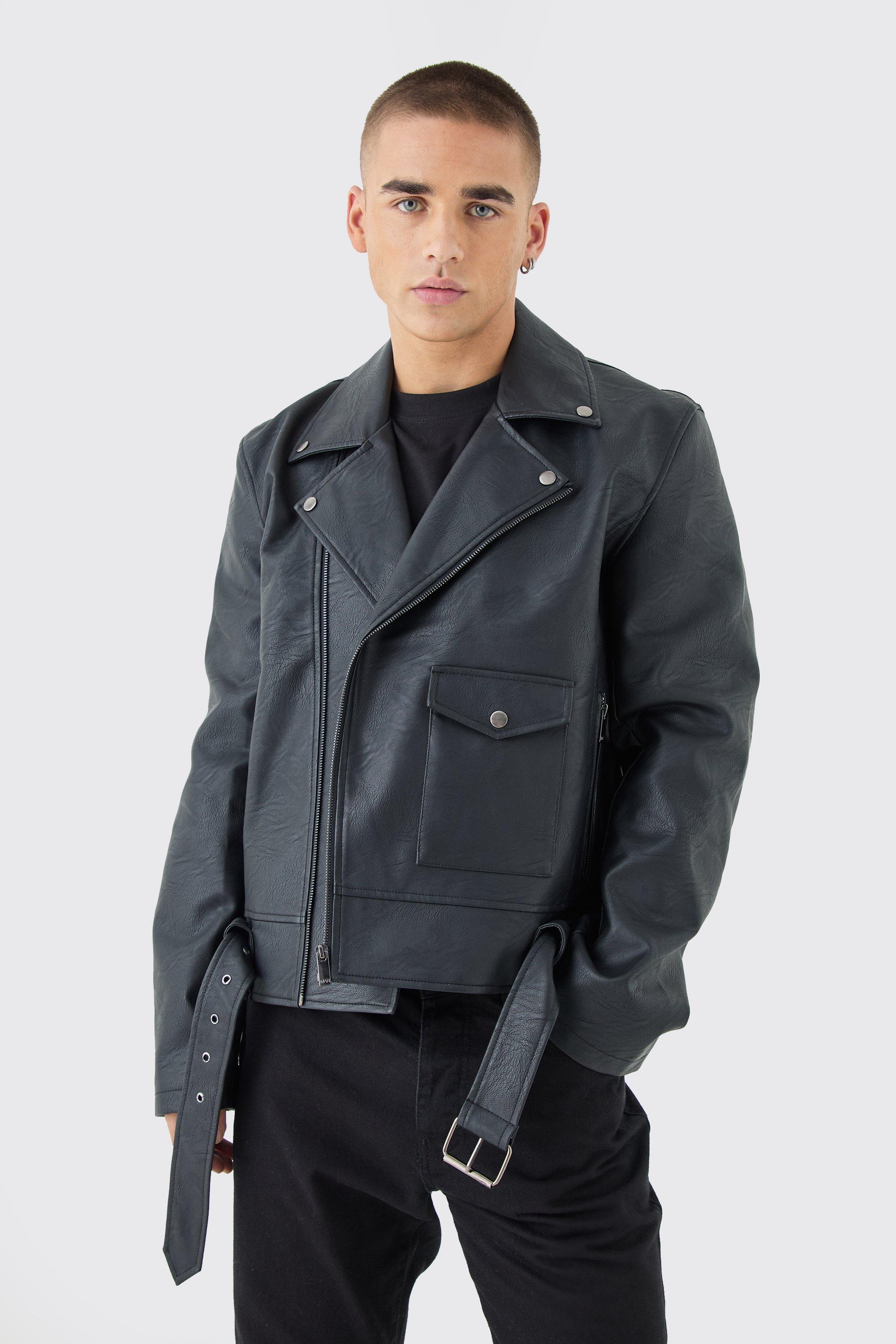 Pu Biker Jacket In Black | boohooMAN USA Product Image