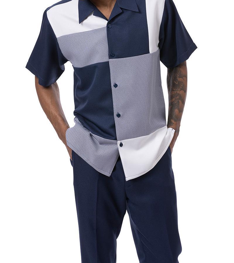 Navy Color Block Tone-on-tone Walking Suit 2 Piece Short Sleeve Set Product Image