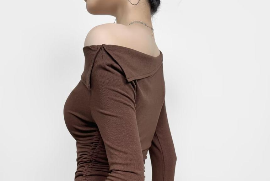 One-Shoulder Long-Sleeve Plain Shirred T-Shirt Product Image