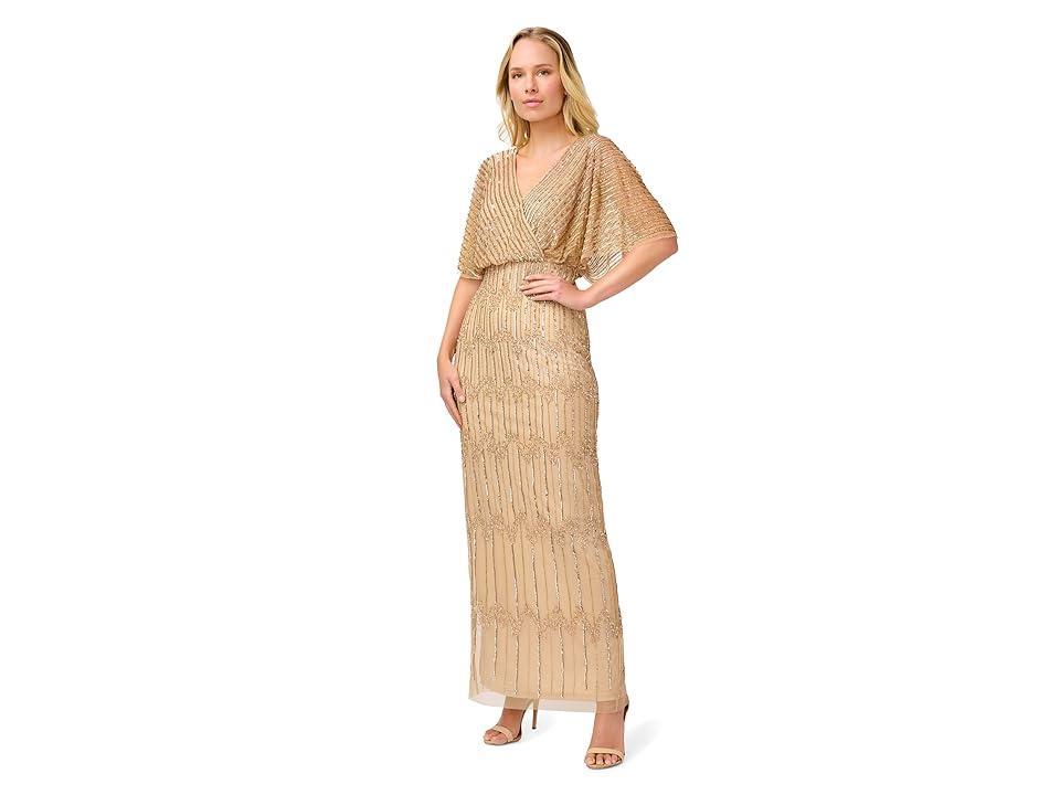 Adrianna Papell Long Beaded Blouson Mother of the Bride Gown (Champagne/Gold) Women's Dress Product Image