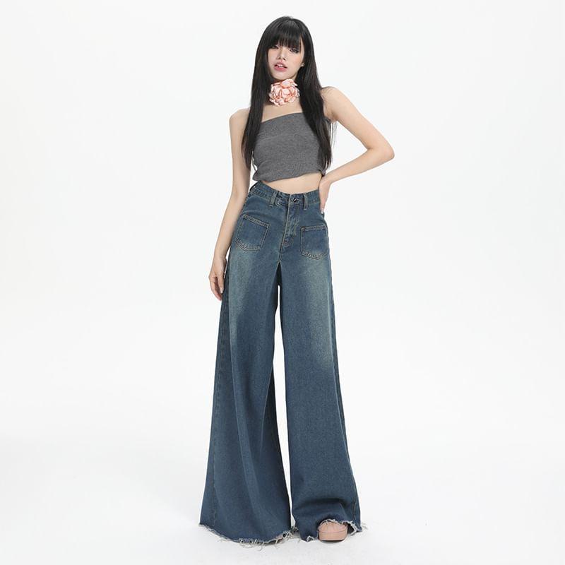 High Rise Washed Frayed Wide Leg Jeans (Various Designs) Product Image