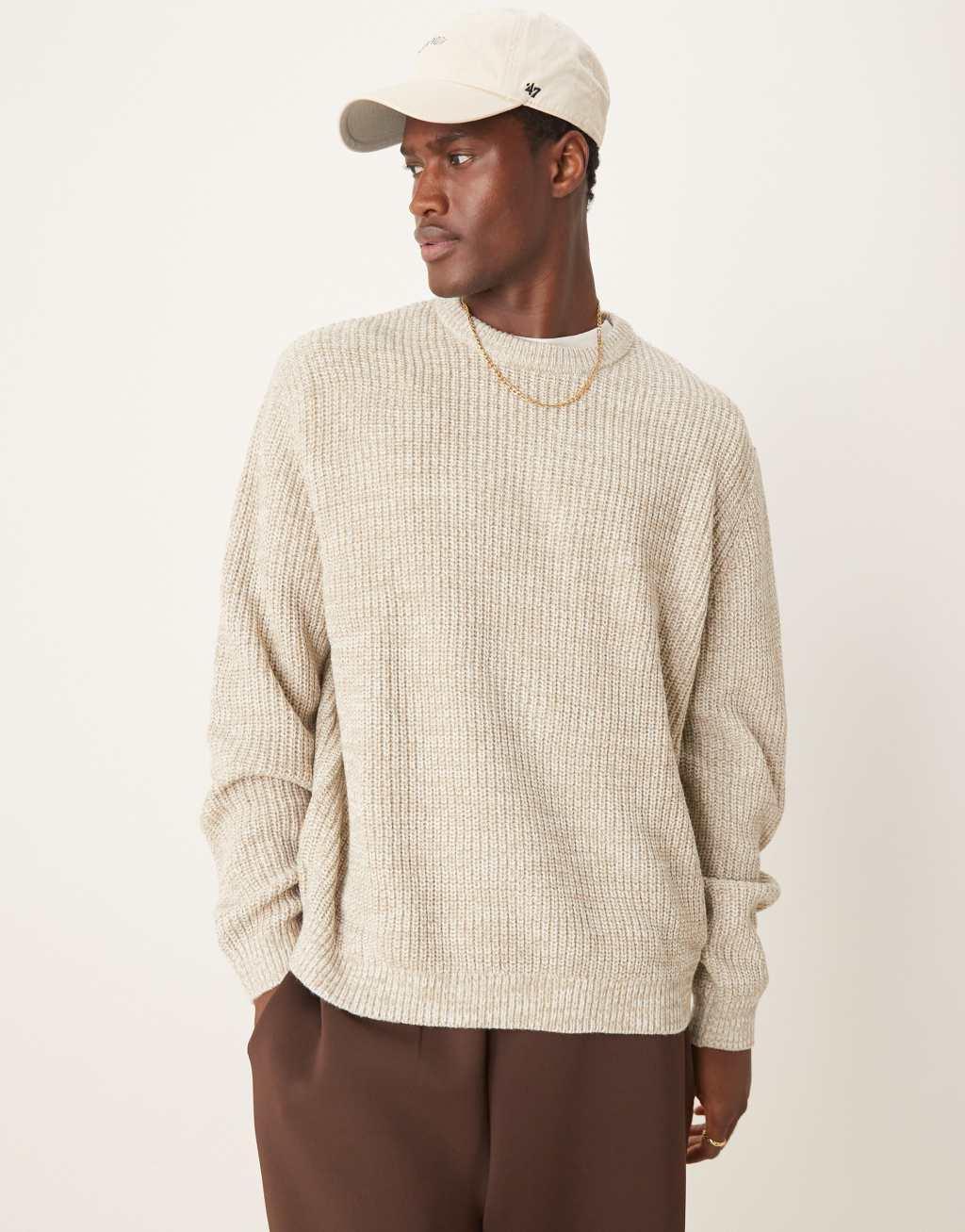 ASOS DESIGN oversized knitted fisherman rib sweater in oatmeal twist Product Image