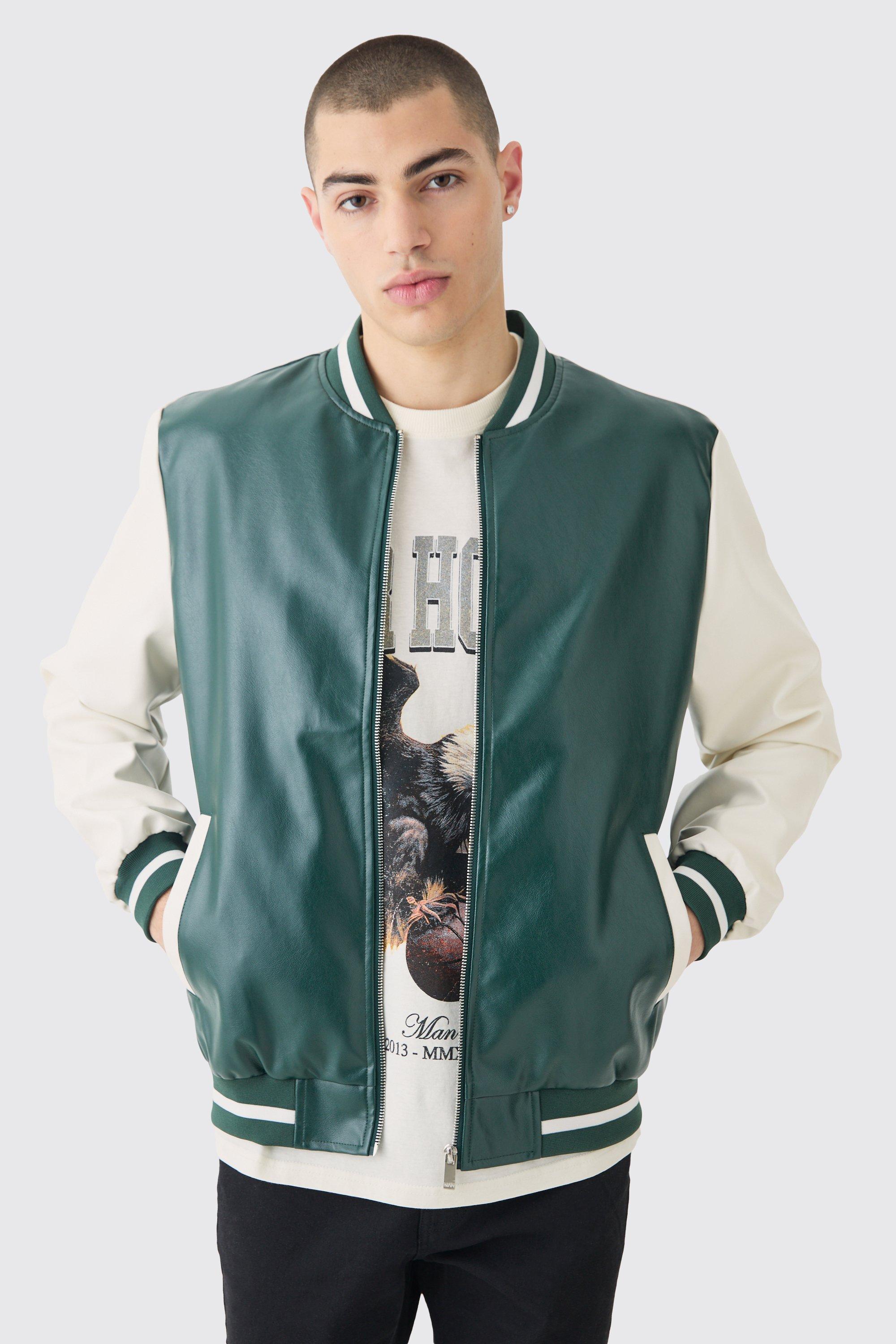 Plain PU Varsity Jacket In Green | boohooMAN USA Product Image