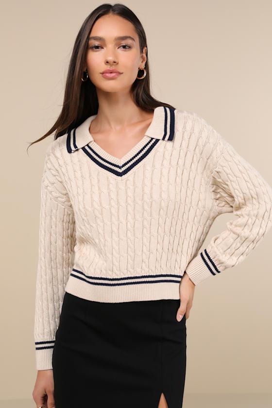 Posh Expert Beige Cable Knit Pullover Varsity Sweater product image