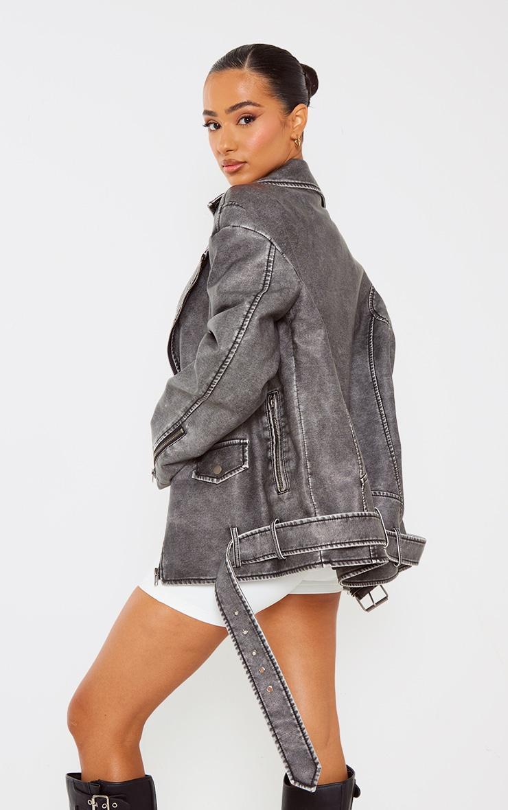 Petite Grey Distressed Look Faux Leather Longline Jacket Product Image