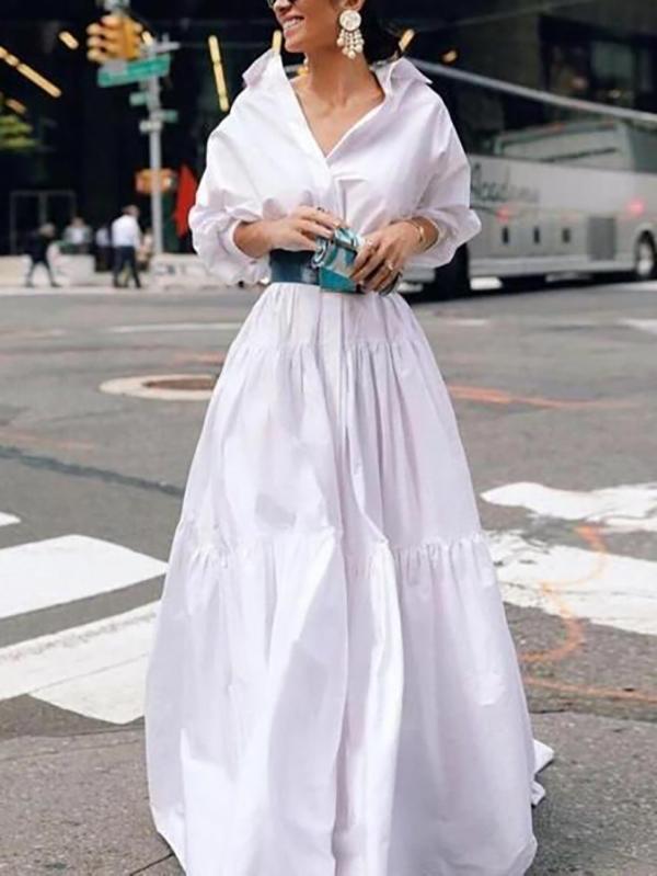 Long Sleeves Loose Belted Pleated Solid Color Lapel Maxi Dresses Product Image