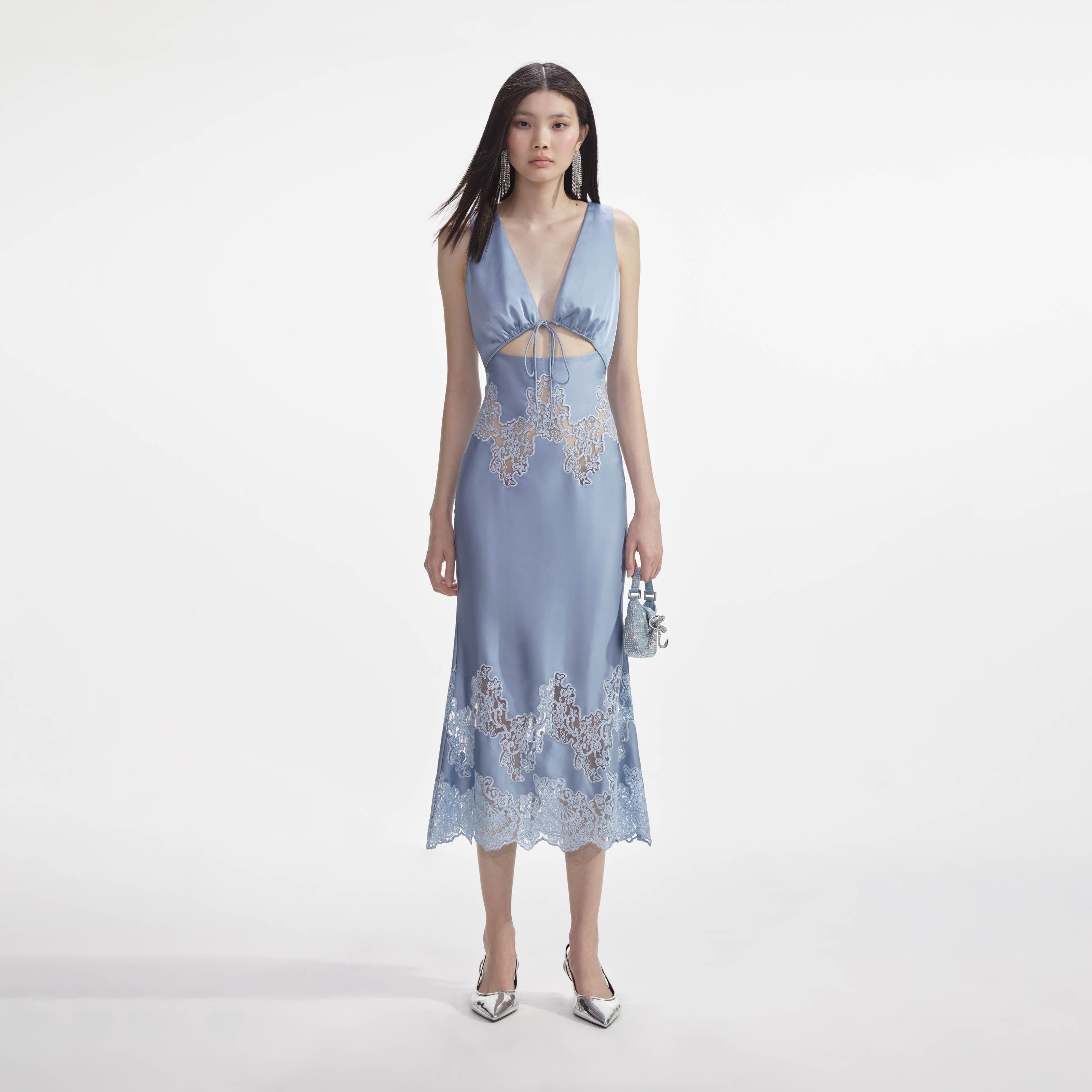 Blue Satin Lace Insert Midi Dress Product Image