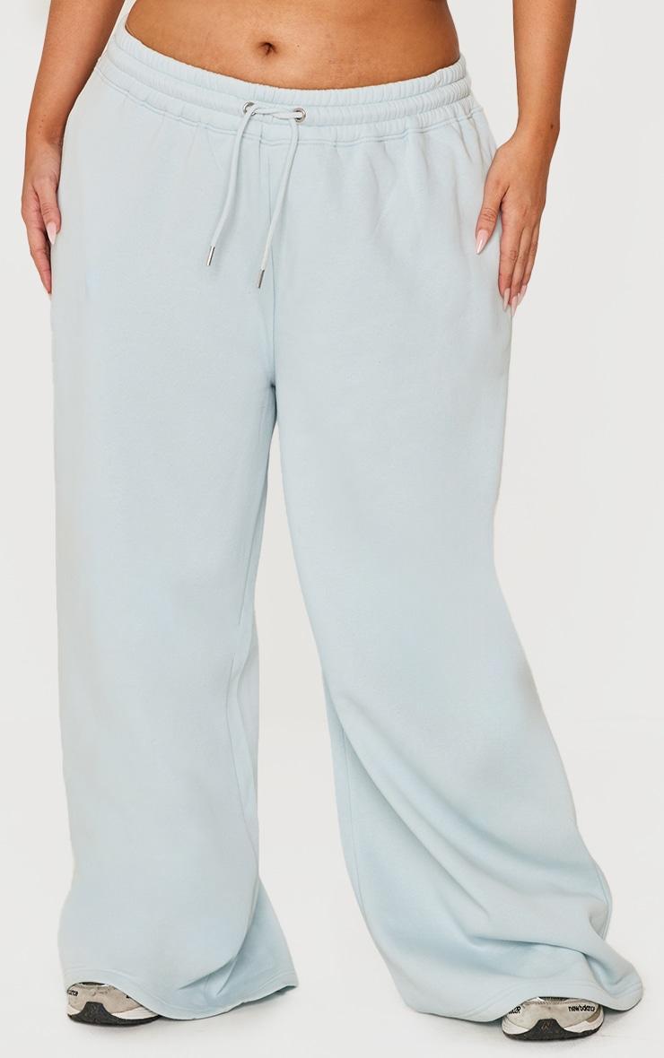 PRETTYLITTLETHING Plus Washed Blue Embroidered Wide Leg Sweatpants Product Image