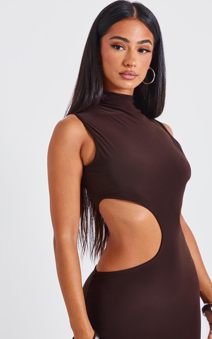 Petite Chocolate Bodycon Slinky Cut Out Maxi Dress Product Image